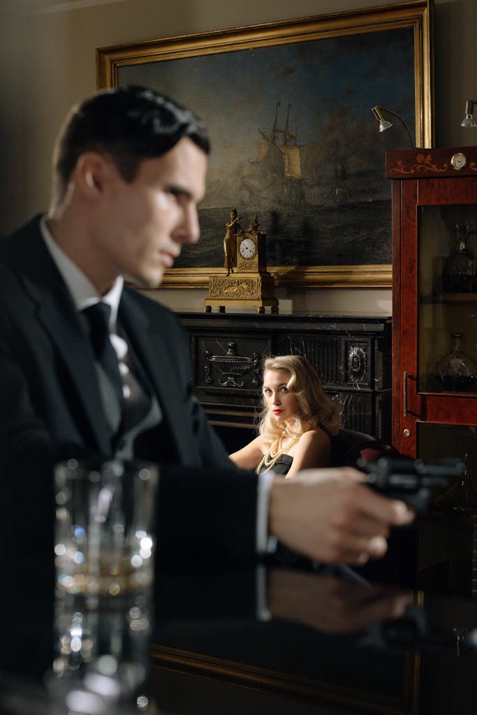  Jasi Bae Nude A dramatic noir setting featuring a mysterious man and a femme fatale in a vintage bar.