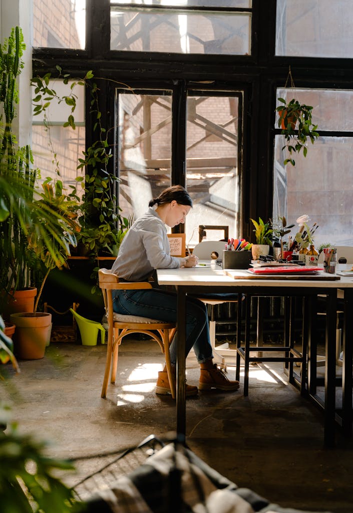 Certified Scrum Master Certifica A female artist working diligently in a sunlit studio surrounded by plants and art supplies.