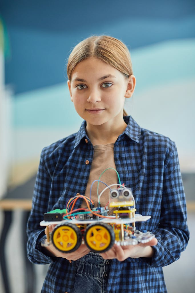 Mike Wolfe Passion Project A young girl in a checkered shirt holds a DIY robotic project, showcasing technology and creativity.
