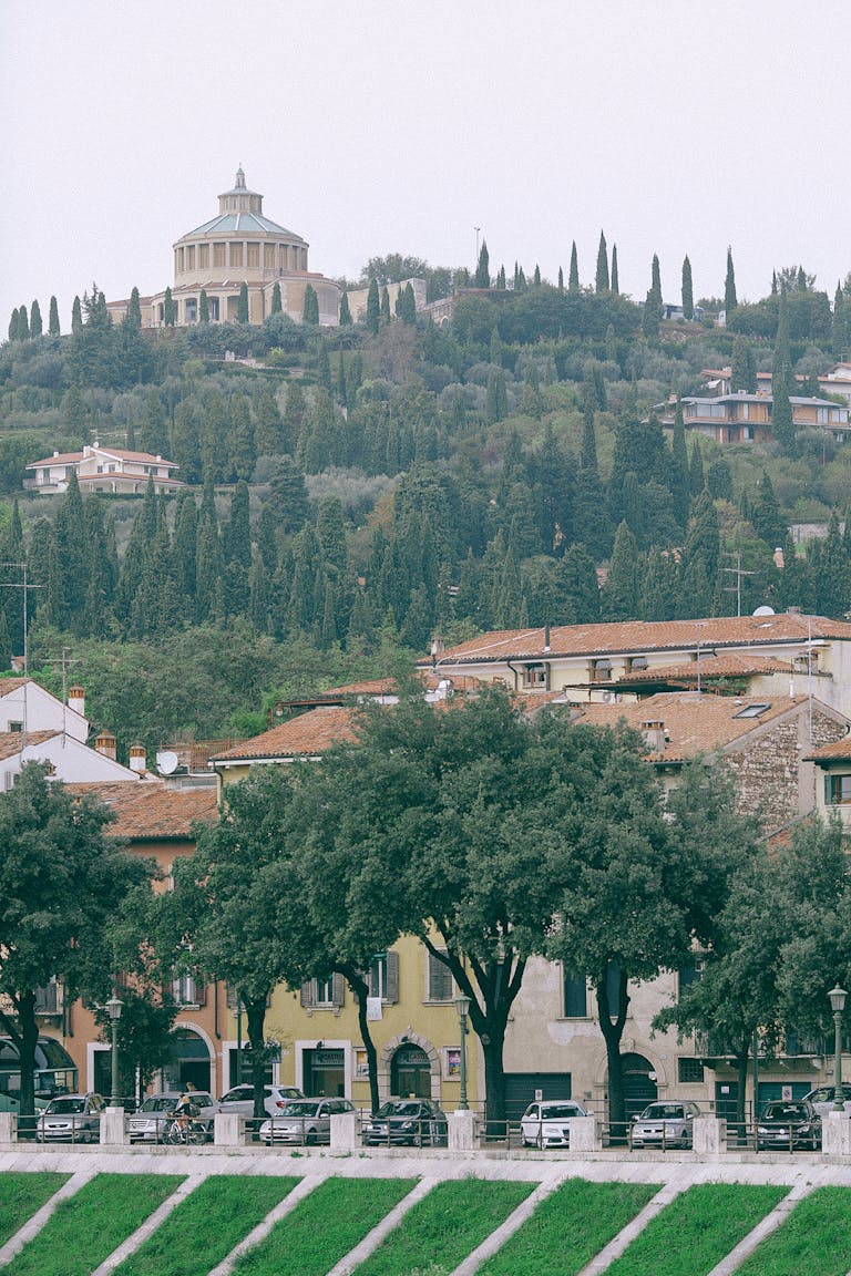 Uomo Cerca Uomo Verona Aged stone building with tower on top of green hill behind classic buildings