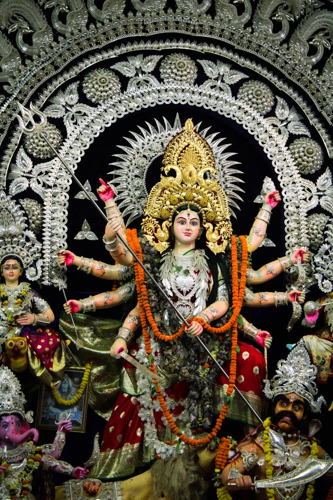 Durga Puja Intricate sculpture of Goddess Durga prominently displayed during Durga Puja festival.