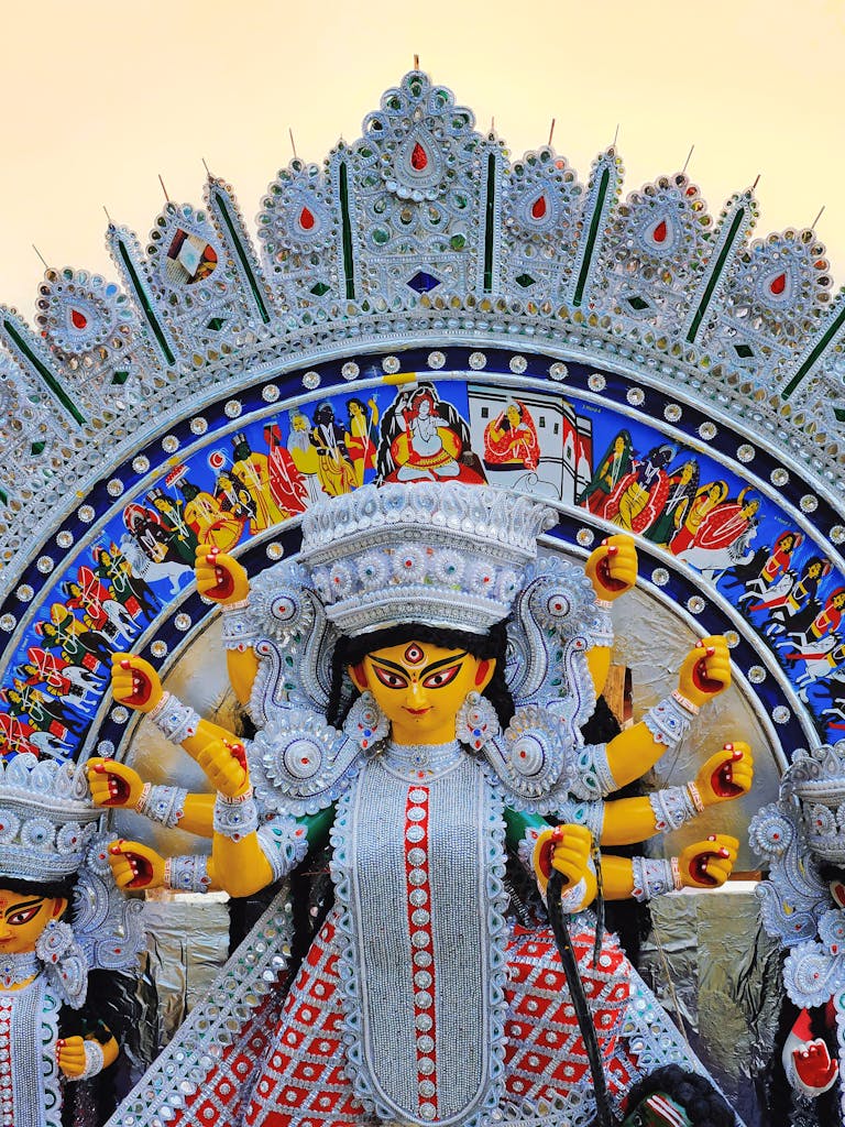 Durga Puja Vibrant statue of Goddess Durga during Durga Puja festival celebration.