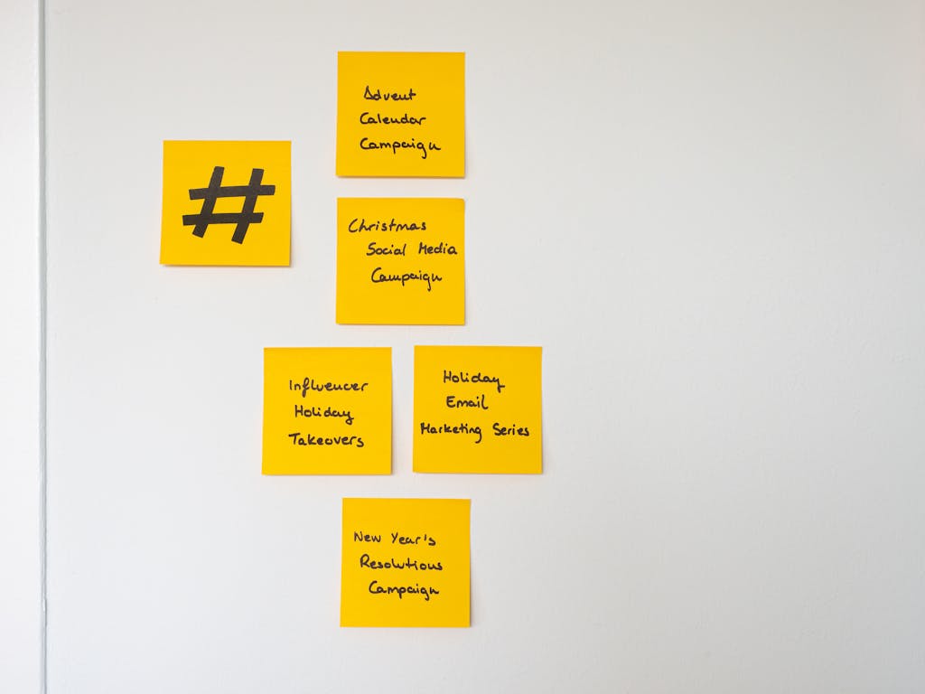 SocialMediaGirl Organized yellow sticky notes on a white wall for holiday marketing strategies.